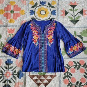 Andree by Unit Blue Bohemian Floral Embroidered Peasant Top Women's M